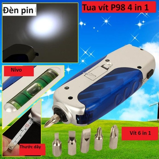 Bộ tua vít LED đa năng 4 trong 1 có NIVO ( Thước thủy ), Thước dây, Đèn Pin tích hợp