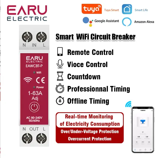 Tuya WiFi Bộ ngắt mạch thông minh EAWCBT-P MCB Hẹn giờ 1P + N 63A Điện áp năng lượng Bảo vệ dòng điện bằng giọng nói